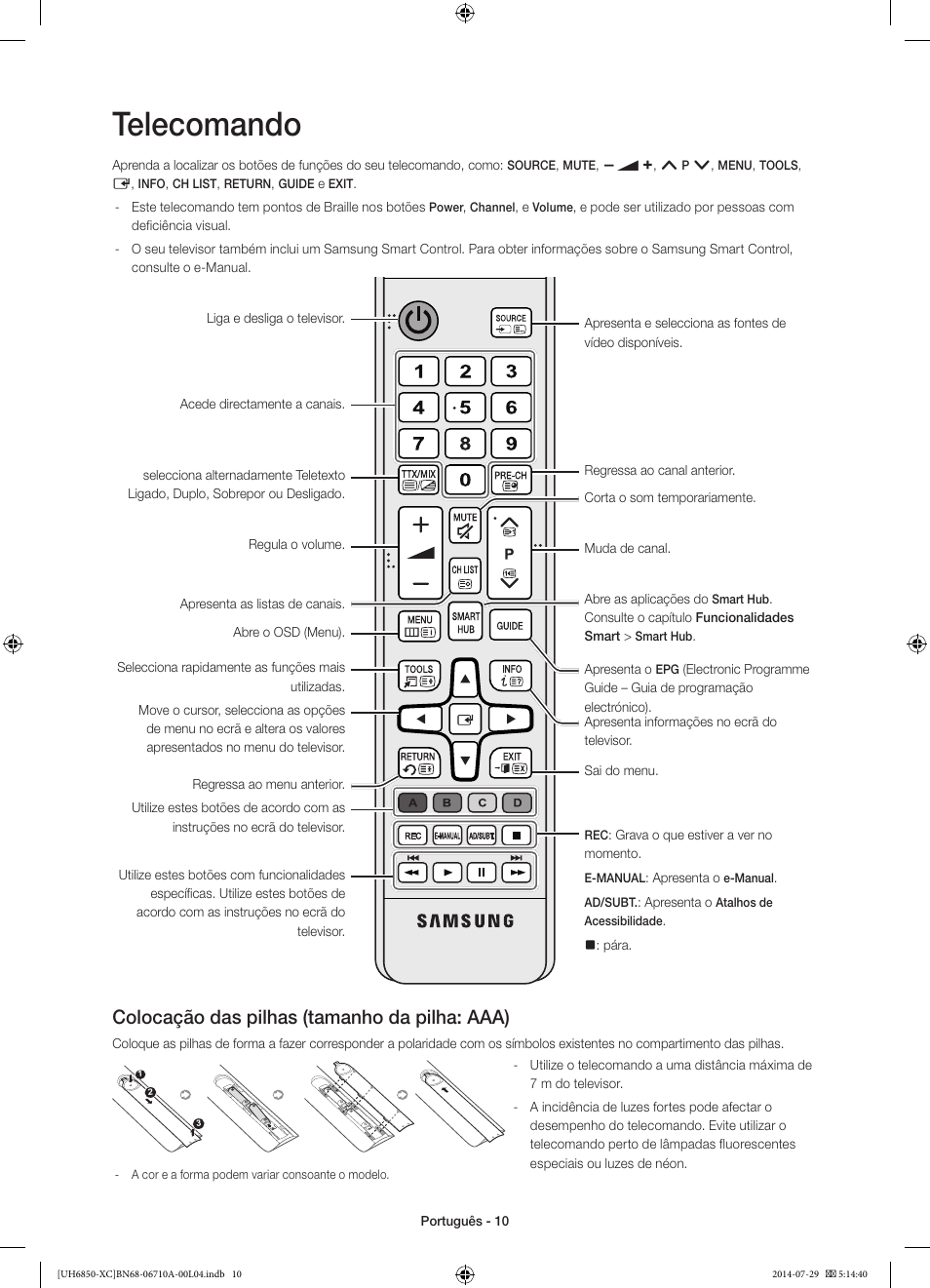 Telecomando, Colocação das pilhas (tamanho da pilha: aaa) | Samsung UE55H6850AW User Manual | Page 76 / 89