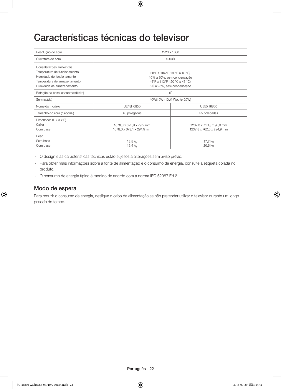 Características técnicas do televisor, Modo de espera | Samsung UE55H6850AW User Manual | Page 88 / 89