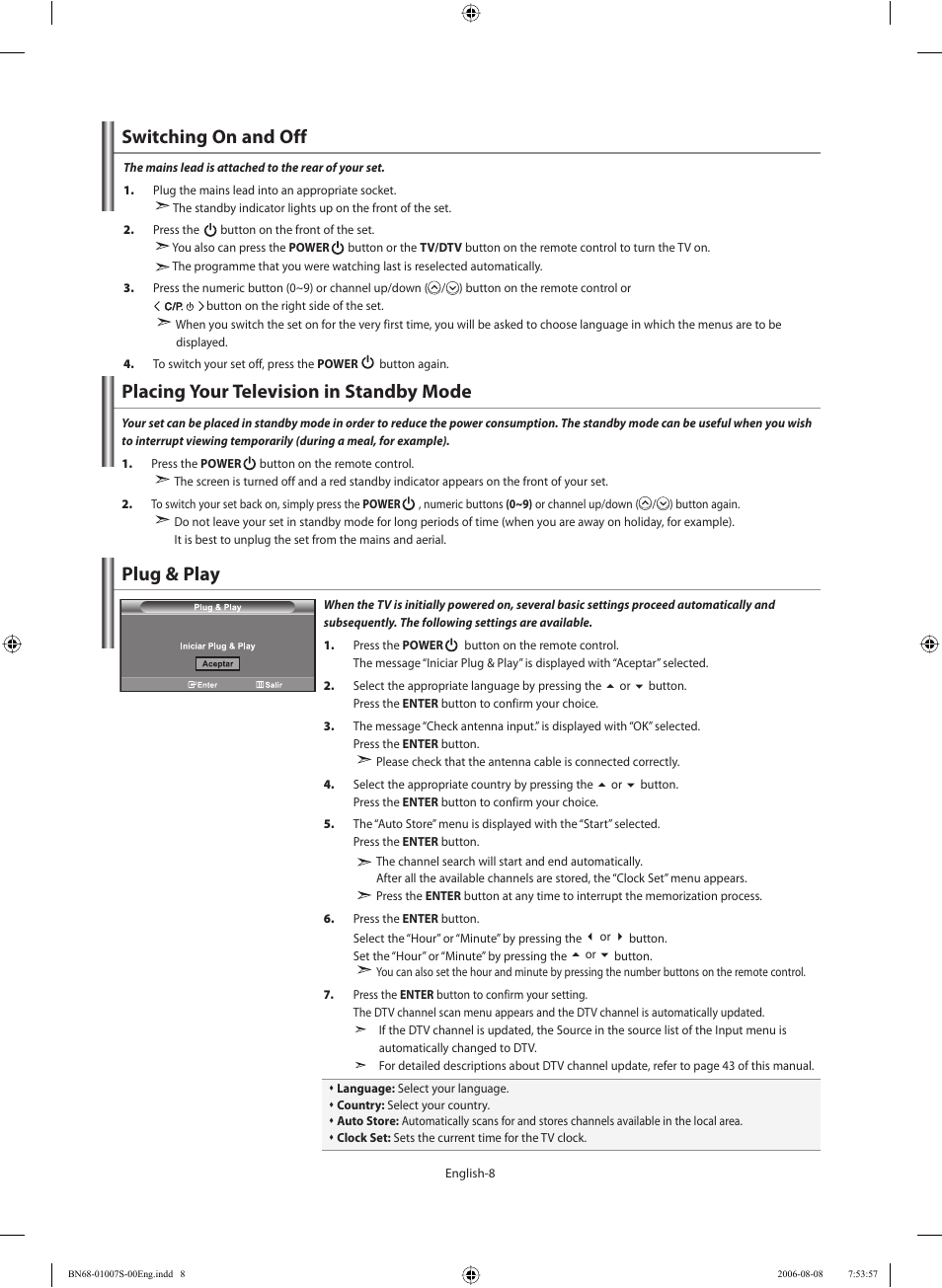 Switching on and off, Placing your television in standby mode, Plug & play | Samsung LE32N73BD User Manual | Page 10 / 111