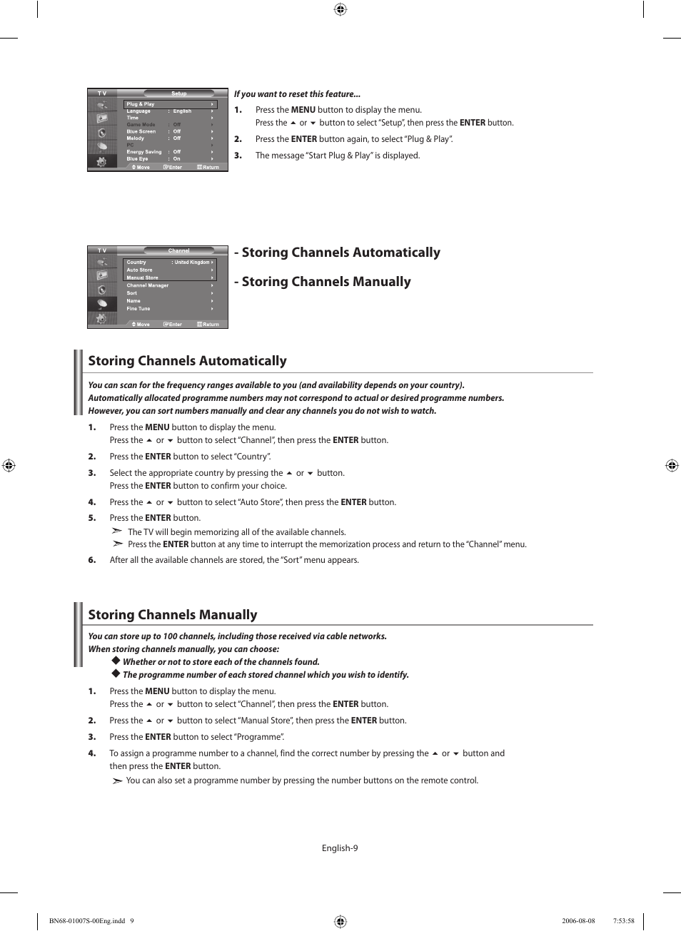 Setting the channels, Storing channels automatically, Storing channels manually | Samsung LE32N73BD User Manual | Page 11 / 111