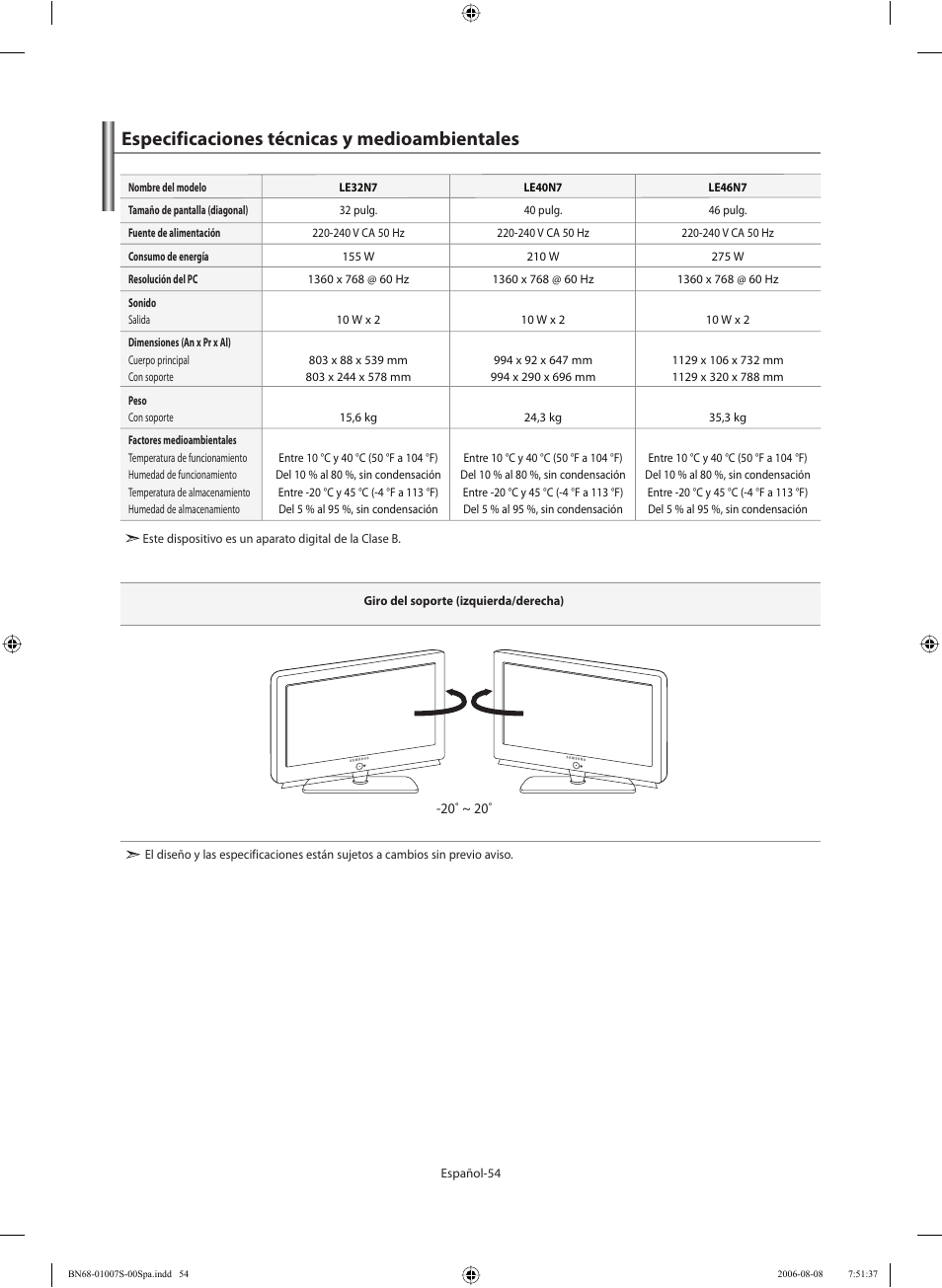 Especificaciones técnicas y medioambientales | Samsung LE32N73BD User Manual | Page 110 / 111