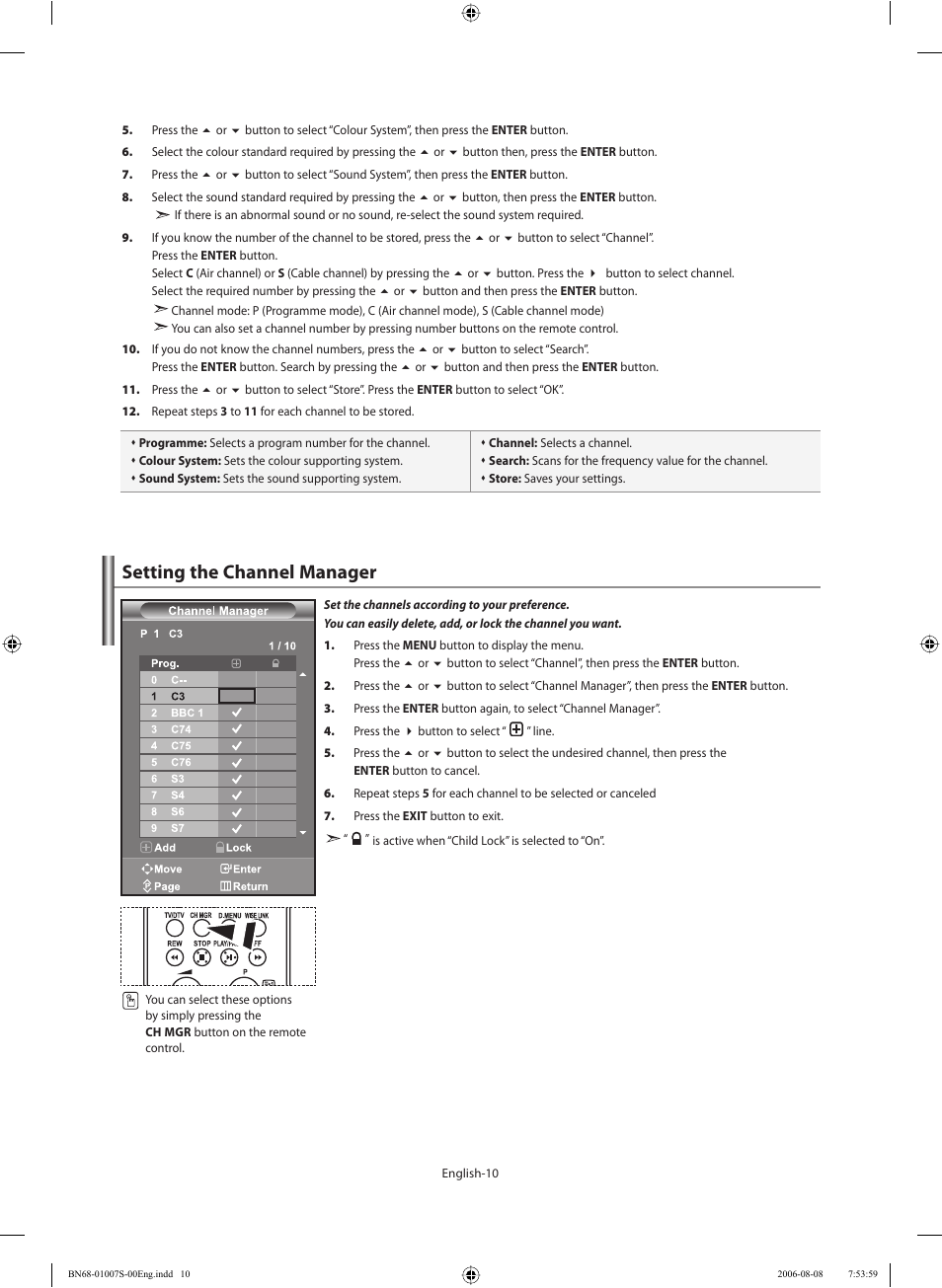Setting the channel manager | Samsung LE32N73BD User Manual | Page 12 / 111