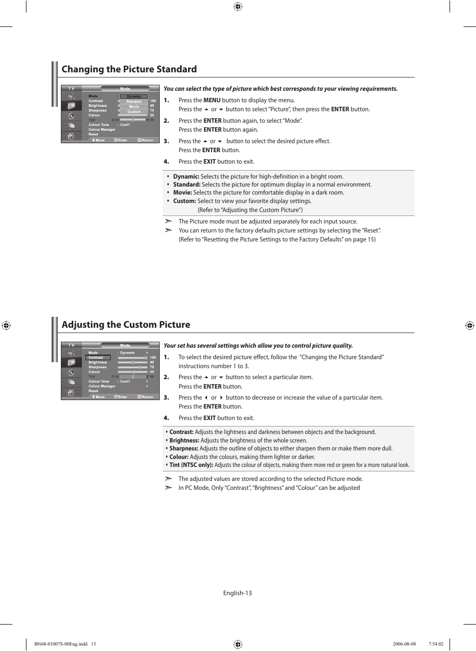 Setting the picture, Changing the picture standard, Adjusting the custom picture | Samsung LE32N73BD User Manual | Page 15 / 111