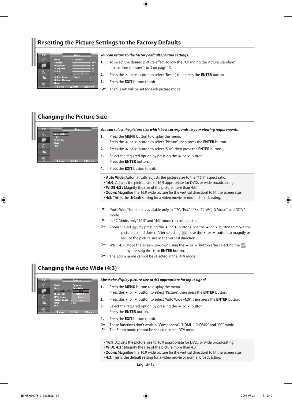 Changing the picture size, Changing the auto wide (4:3) | Samsung LE32N73BD User Manual | Page 17 / 111