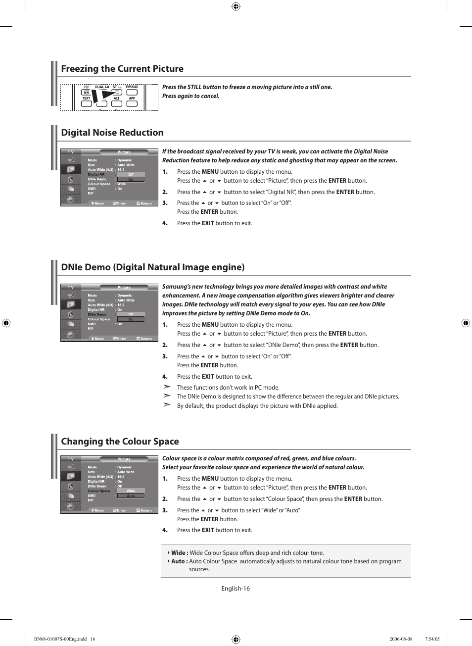 Freezing the current picture, Digital noise reduction, Dnie demo (digital natural image engine) | Changing the colour space | Samsung LE32N73BD User Manual | Page 18 / 111