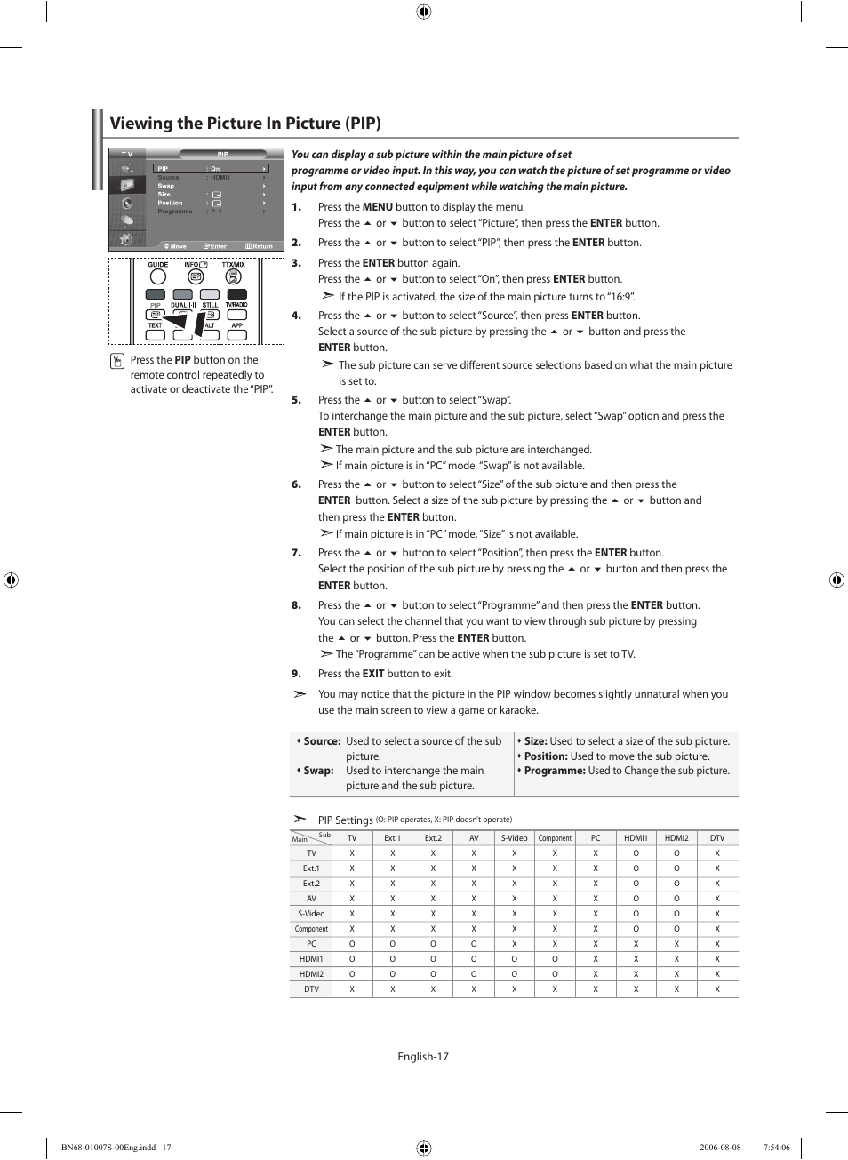 Viewing the picture in picture (pip) | Samsung LE32N73BD User Manual | Page 19 / 111