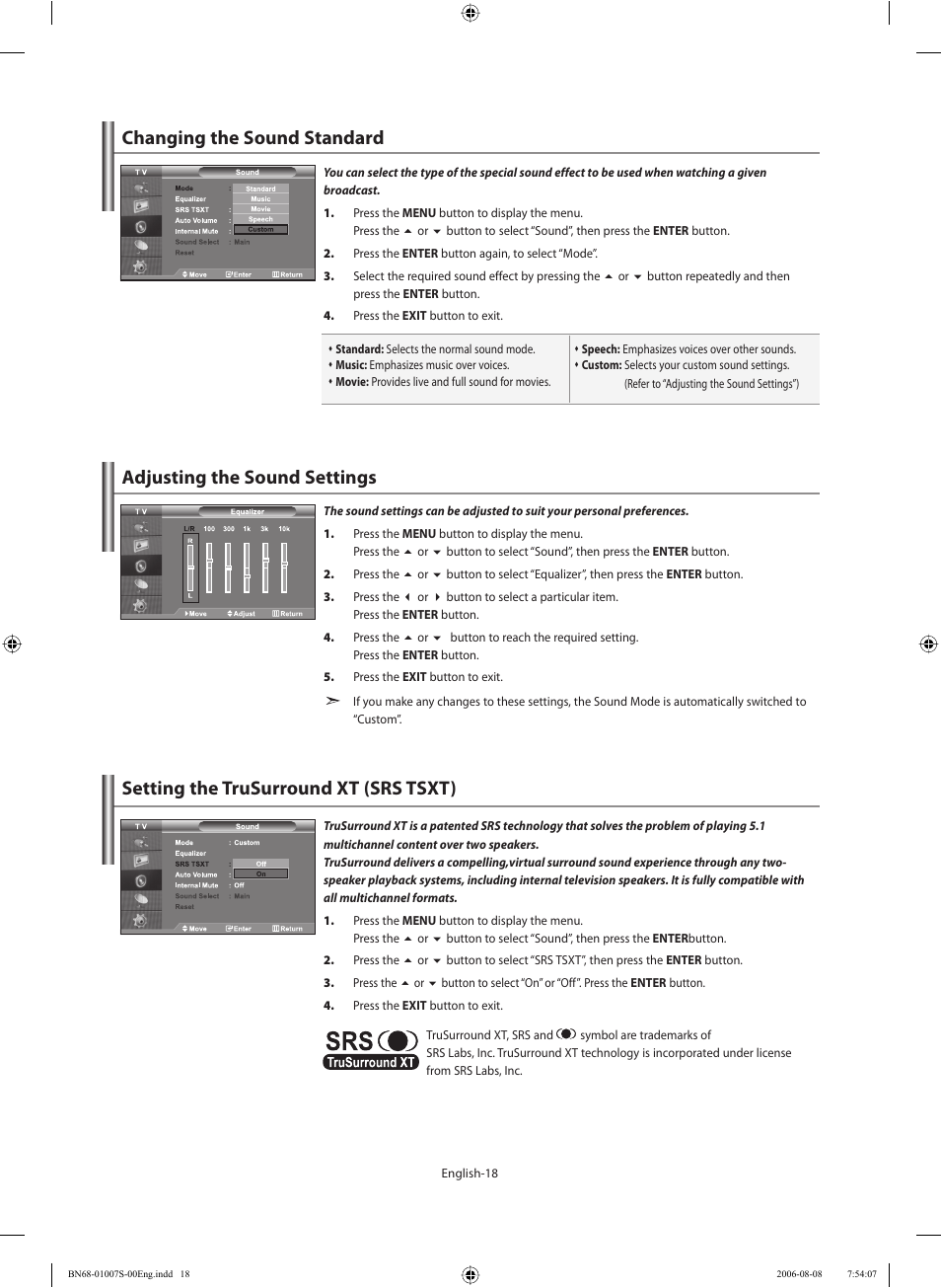 Setting the sound, Changing the sound standard, Adjusting the sound settings | Setting the trusurround xt (srs tsxt) | Samsung LE32N73BD User Manual | Page 20 / 111