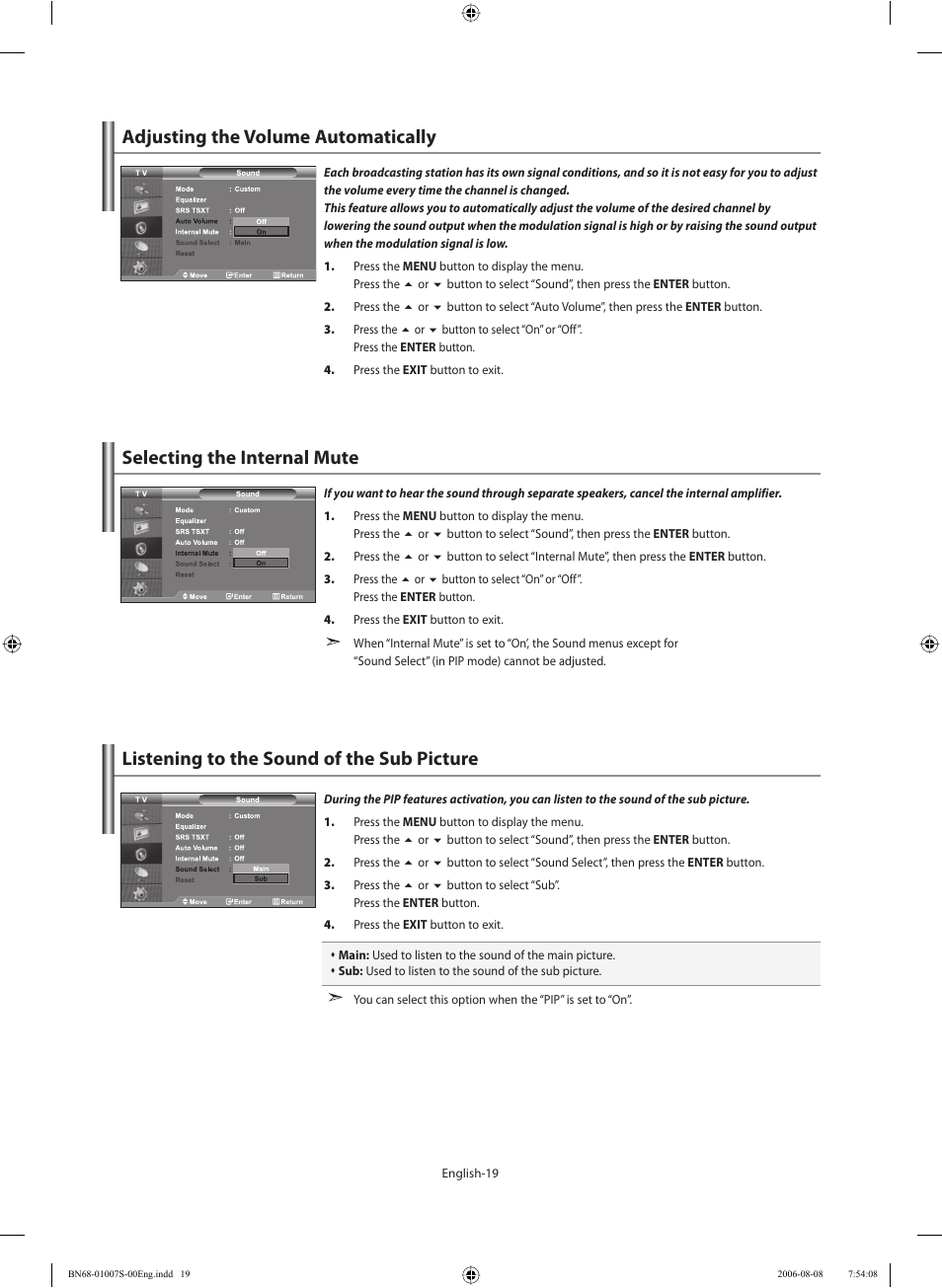 Adjusting the volume automatically, Selecting the internal mute, Listening to the sound of the sub picture | Samsung LE32N73BD User Manual | Page 21 / 111