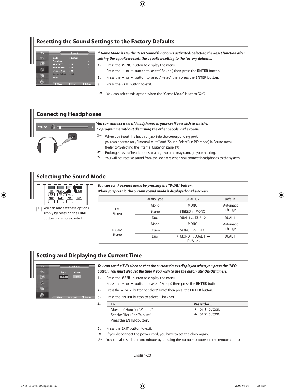 Connecting headphones, Selecting the sound mode, Setting the time | Setting and displaying the current time | Samsung LE32N73BD User Manual | Page 22 / 111