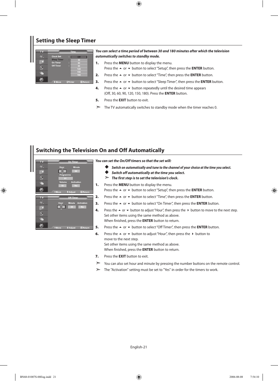 Setting the sleep timer, Switching the television on and off automatically | Samsung LE32N73BD User Manual | Page 23 / 111