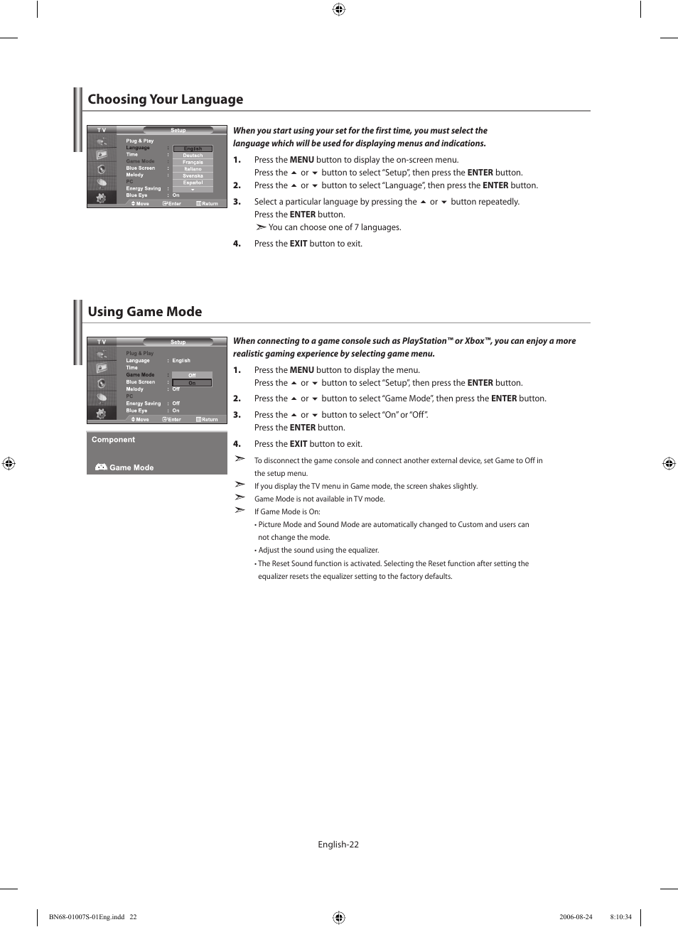 Setting the others, Choosing your language, Using game mode | Using game mode choosing your language | Samsung LE32N73BD User Manual | Page 24 / 111