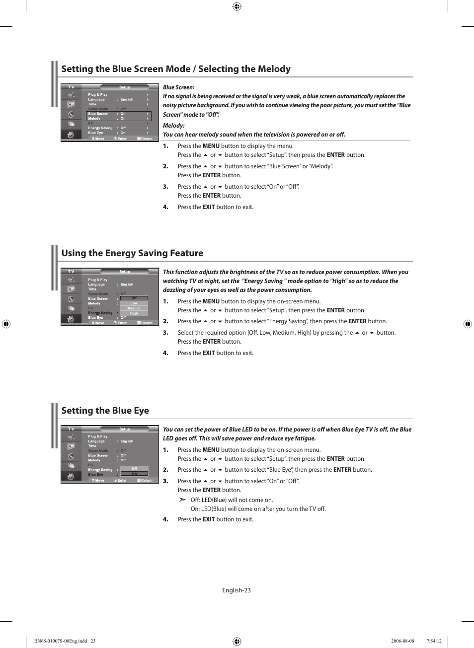 Using the energy saving feature, Setting the blue eye | Samsung LE32N73BD User Manual | Page 25 / 111