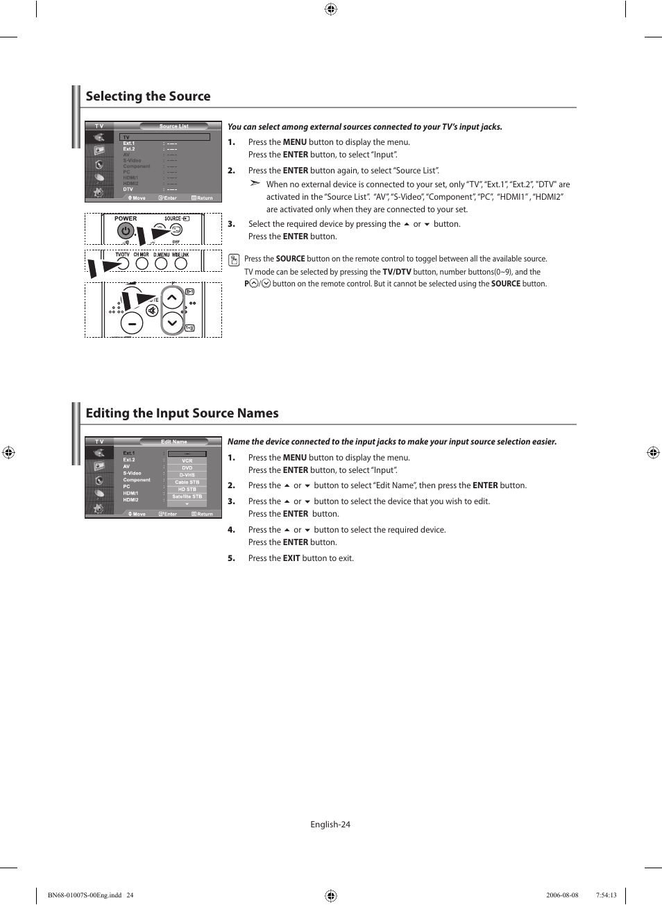 Selecting the source, Editing the input source names | Samsung LE32N73BD User Manual | Page 26 / 111