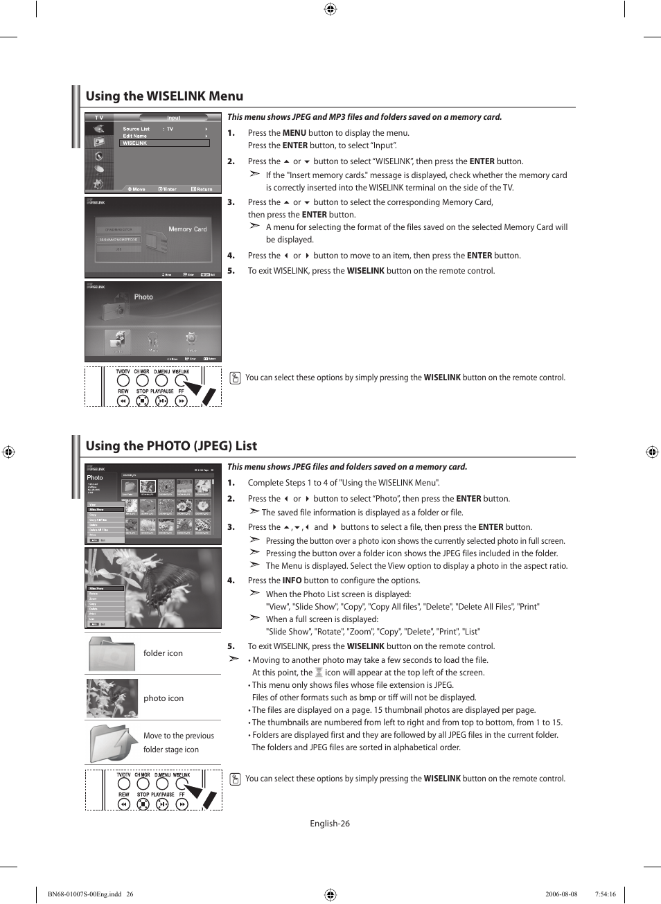 Using the wiselink menu, Using the photo (jpeg) list | Samsung LE32N73BD User Manual | Page 28 / 111