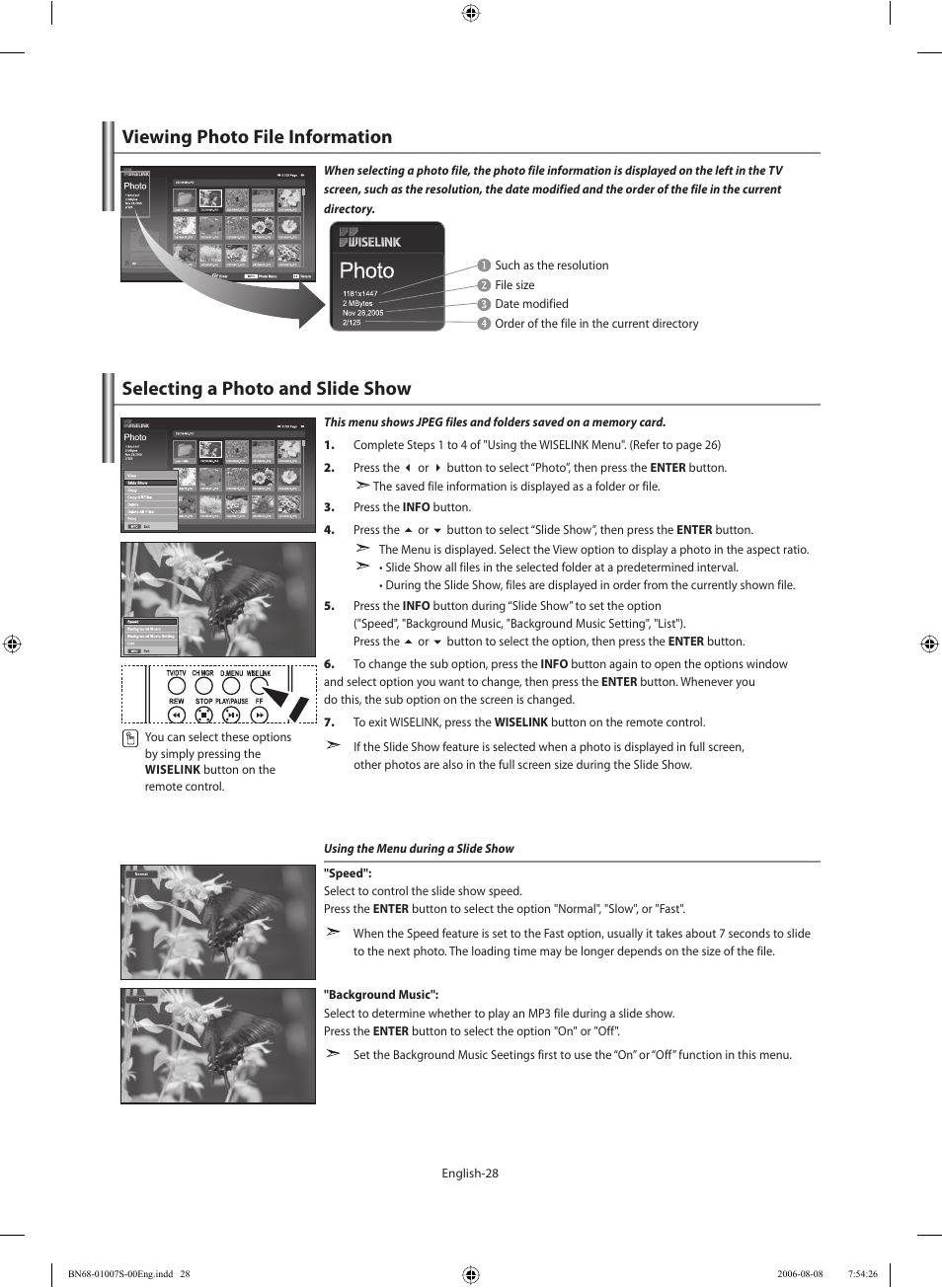 Viewing photo file information, Selecting a photo and slide show | Samsung LE32N73BD User Manual | Page 30 / 111