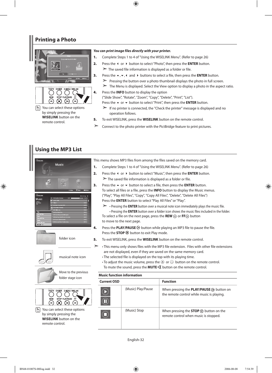 Printing a photo, Using the mp3 list | Samsung LE32N73BD User Manual | Page 34 / 111