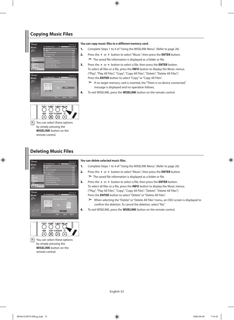 Copying music files, Deleting music files | Samsung LE32N73BD User Manual | Page 35 / 111