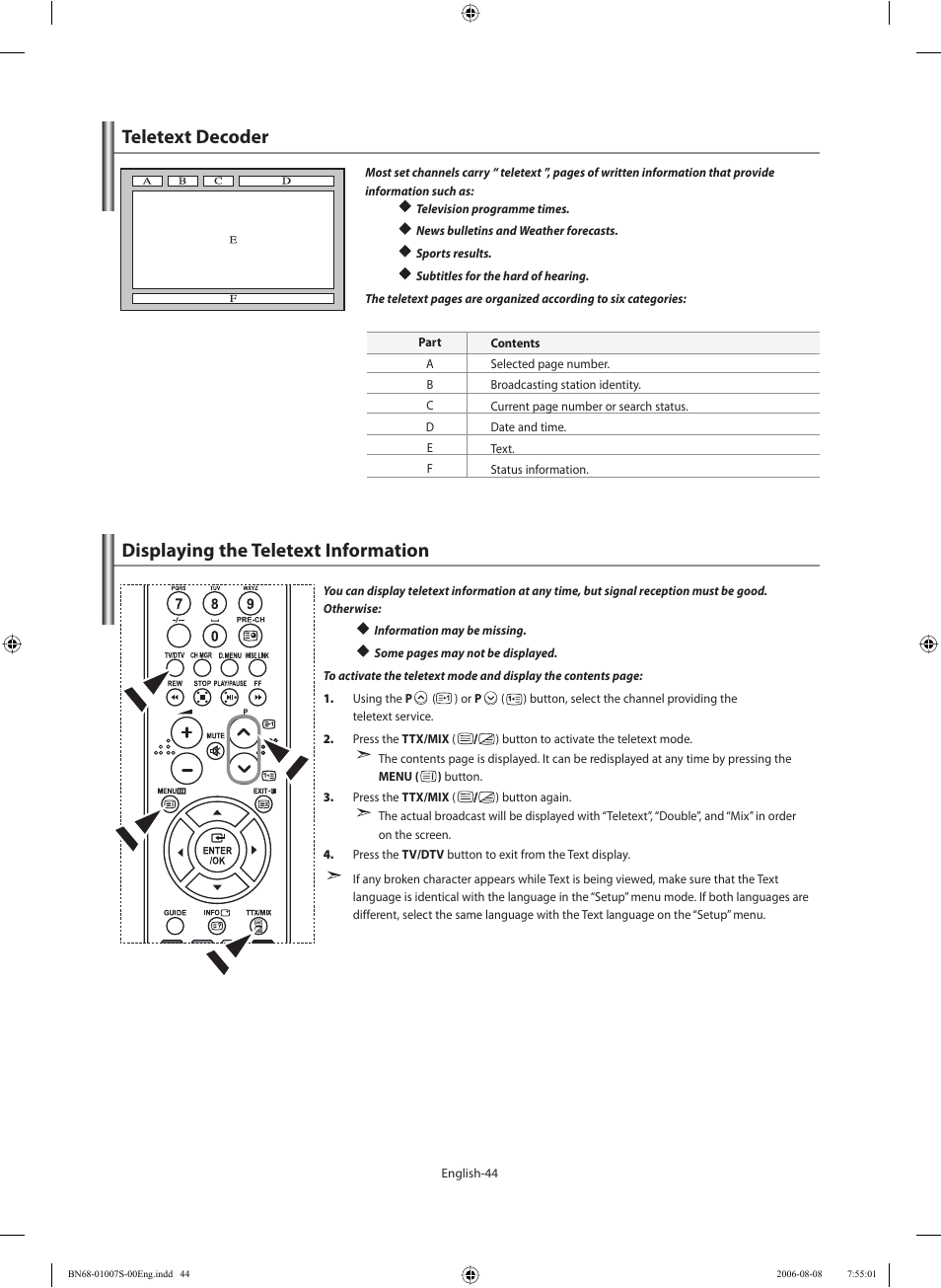 Using the teletext feature, Teletext decoder, Displaying the teletext information | Samsung LE32N73BD User Manual | Page 46 / 111