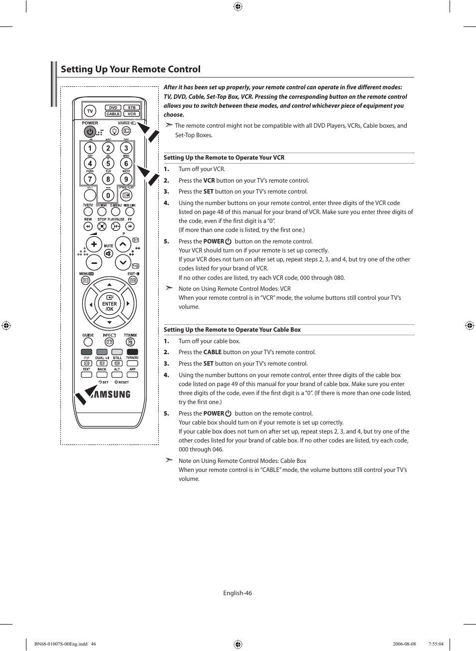 Setting up your remote control | Samsung LE32N73BD User Manual | Page 48 / 111