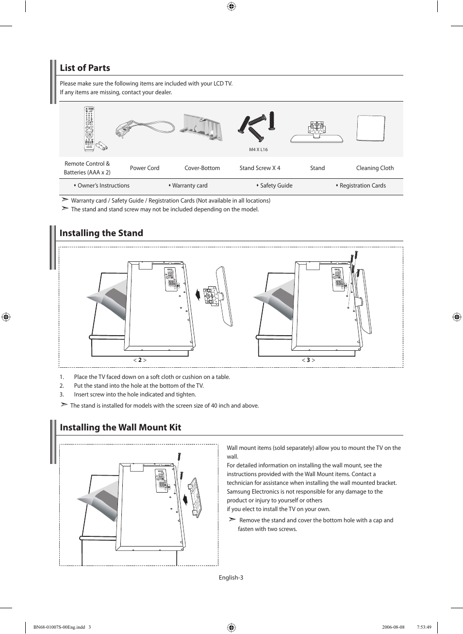 Connecting and preparing your tv, List of parts, Installing the stand | Installing the wall mount kit | Samsung LE32N73BD User Manual | Page 5 / 111