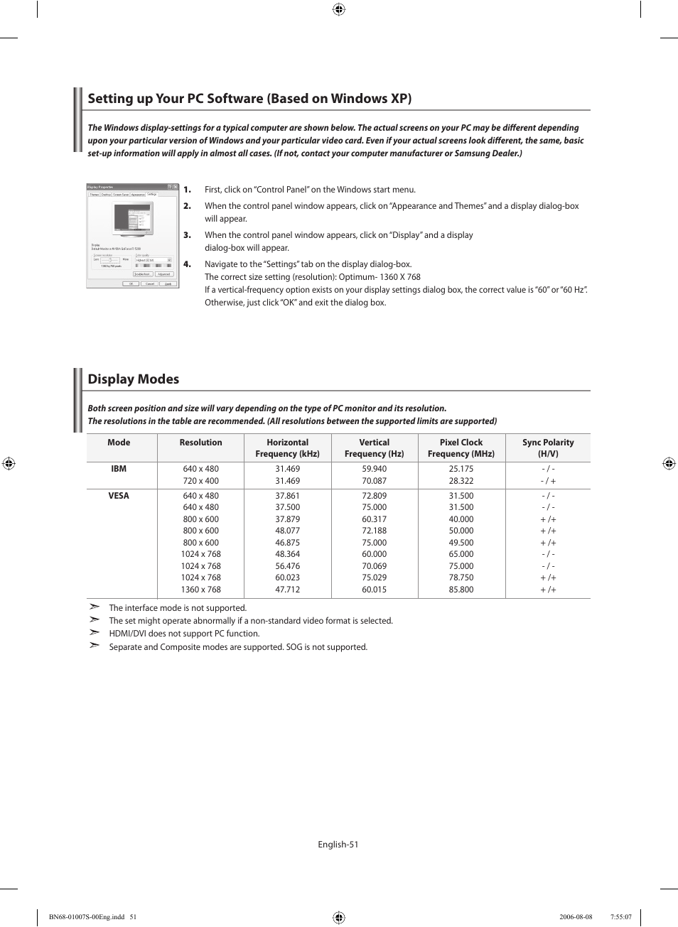 Setting the pc, Setting up your pc software (based on windows xp), Display modes | Samsung LE32N73BD User Manual | Page 53 / 111