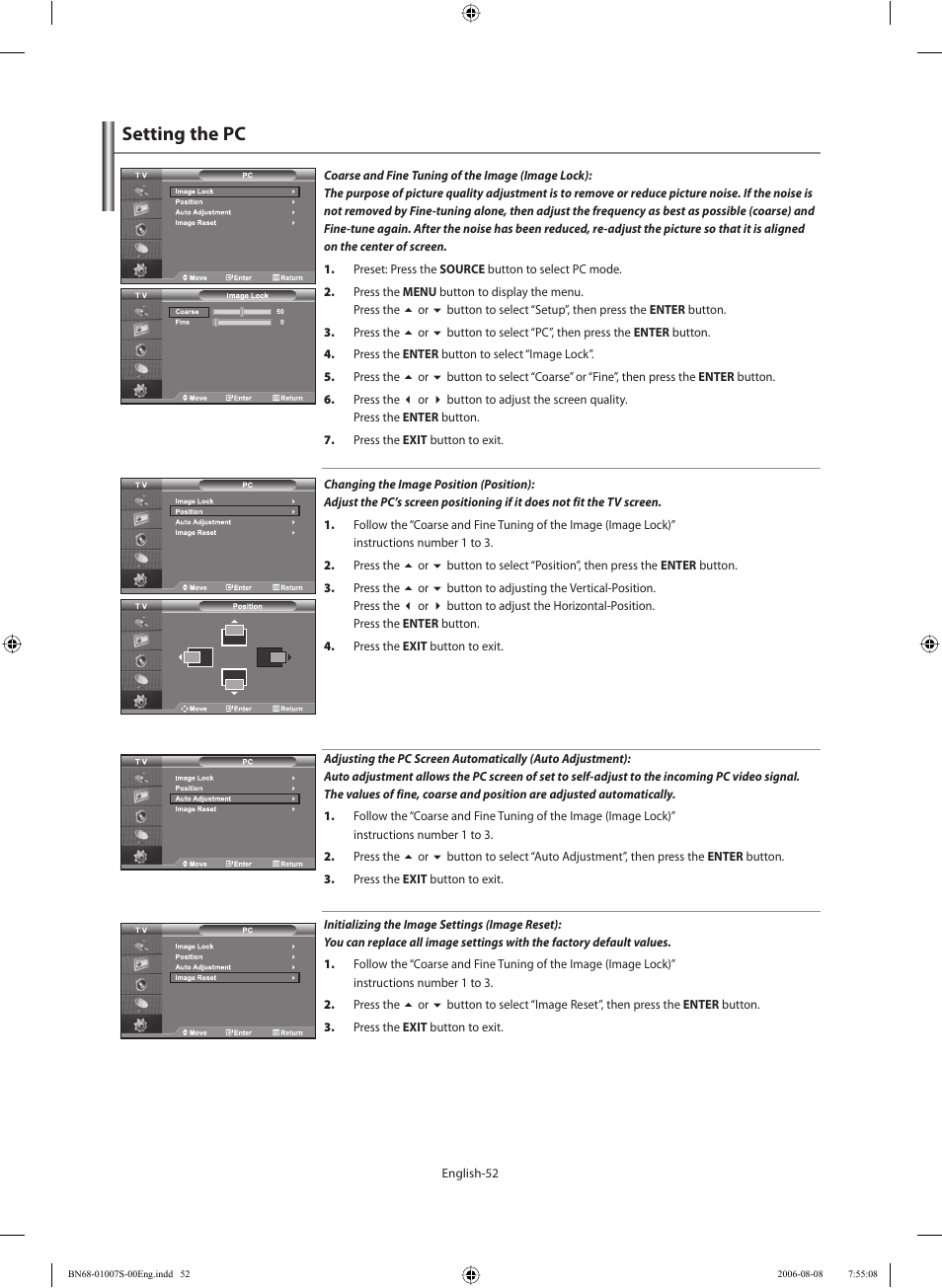 Setting the pc | Samsung LE32N73BD User Manual | Page 54 / 111