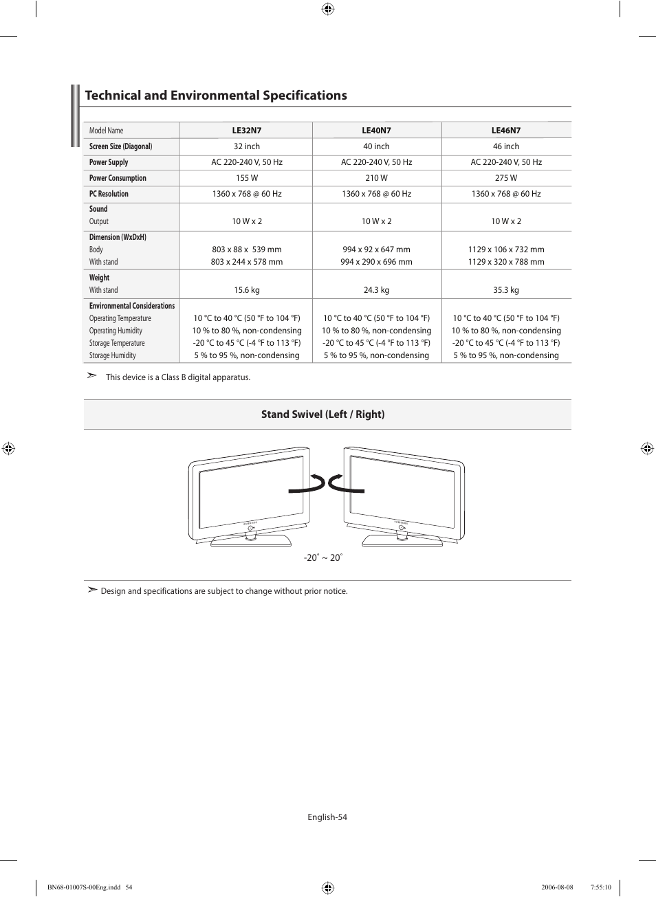 Technical and environmental specifications | Samsung LE32N73BD User Manual | Page 56 / 111