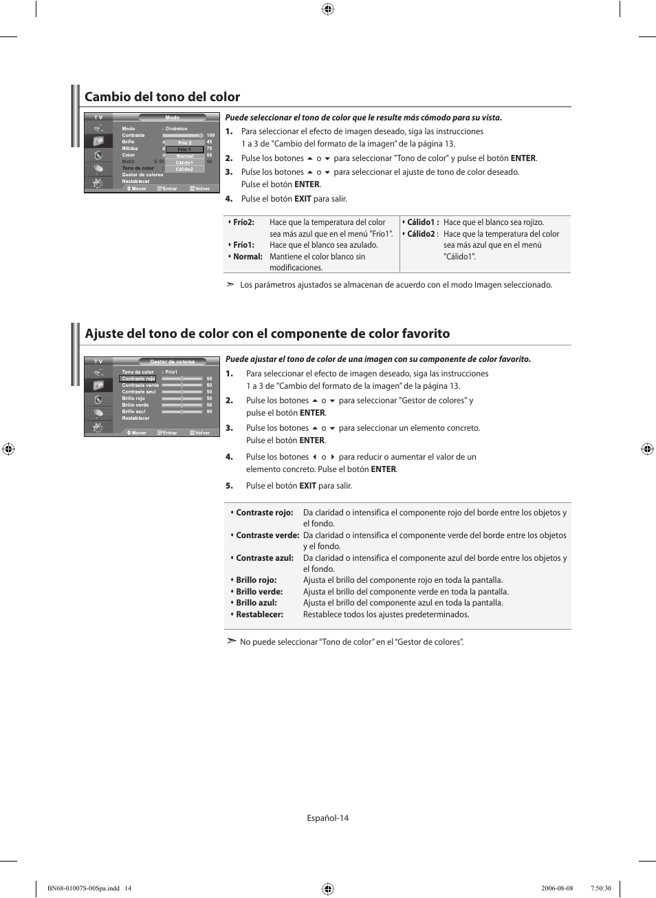 Cambio del tono del color | Samsung LE32N73BD User Manual | Page 70 / 111