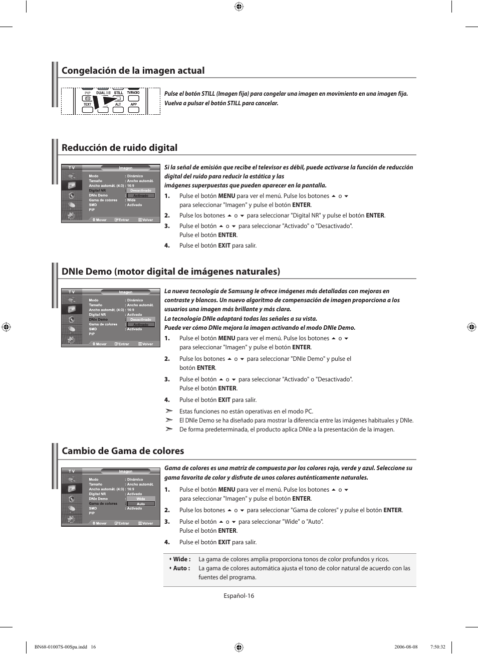 Reducción de ruido digital, Dnie demo (motor digital de imágenes naturales), Cambio de gama de colores | Congelación de la imagen actual | Samsung LE32N73BD User Manual | Page 72 / 111