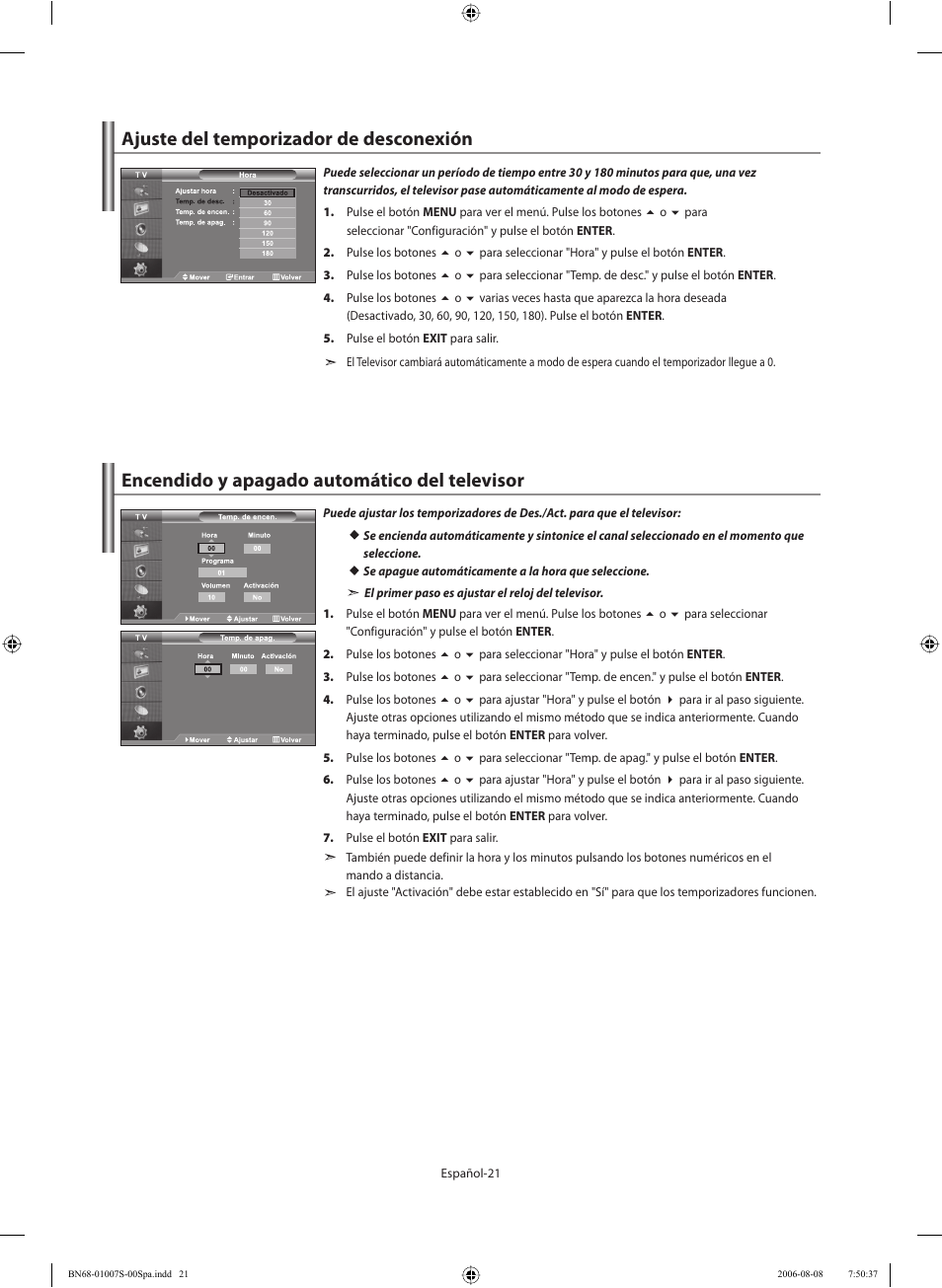 Ajuste del temporizador de desconexión, Encendido y apagado automático del televisor | Samsung LE32N73BD User Manual | Page 77 / 111