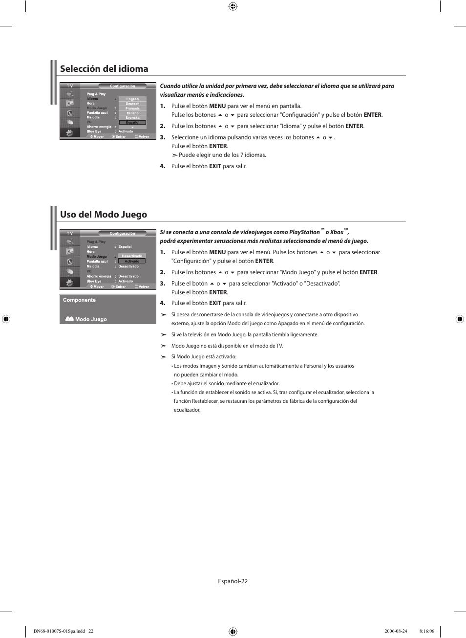 Selección del idioma, Uso del modo juego | Samsung LE32N73BD User Manual | Page 78 / 111