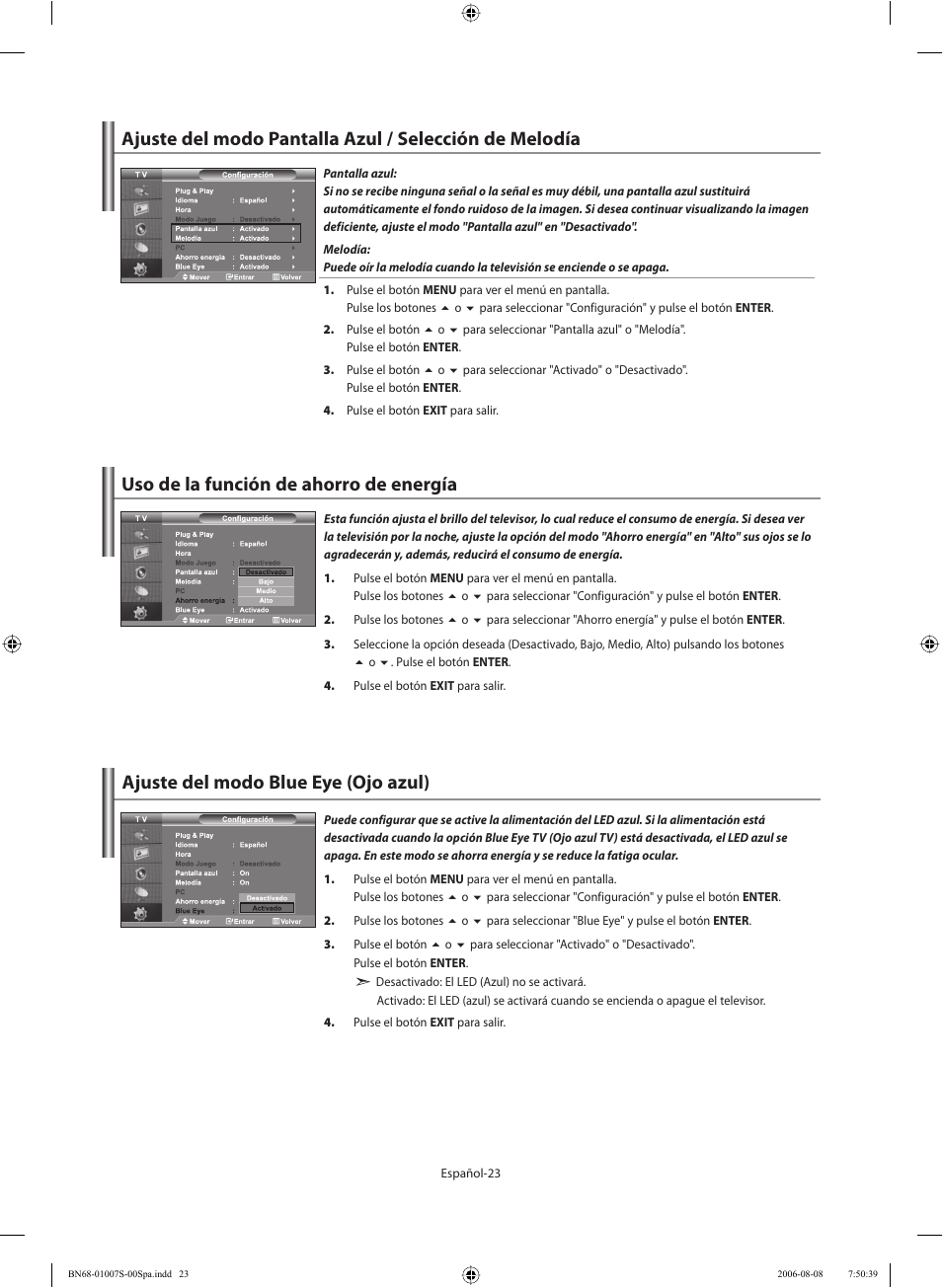 Uso de la función de ahorro de energía, Ajuste del modo blue eye (ojo azul) | Samsung LE32N73BD User Manual | Page 79 / 111