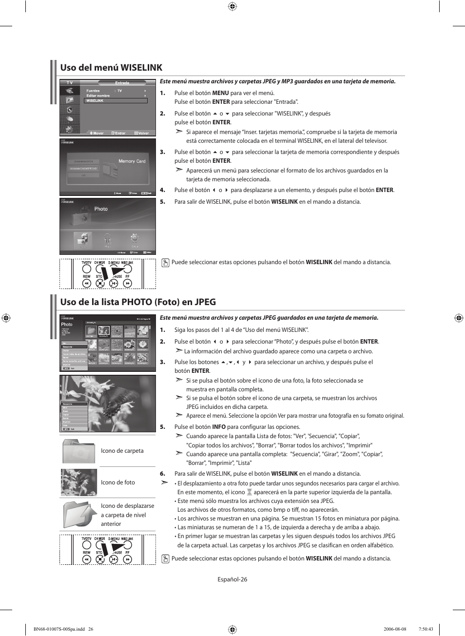Uso del menú wiselink, Uso de la lista photo (foto) en jpeg | Samsung LE32N73BD User Manual | Page 82 / 111