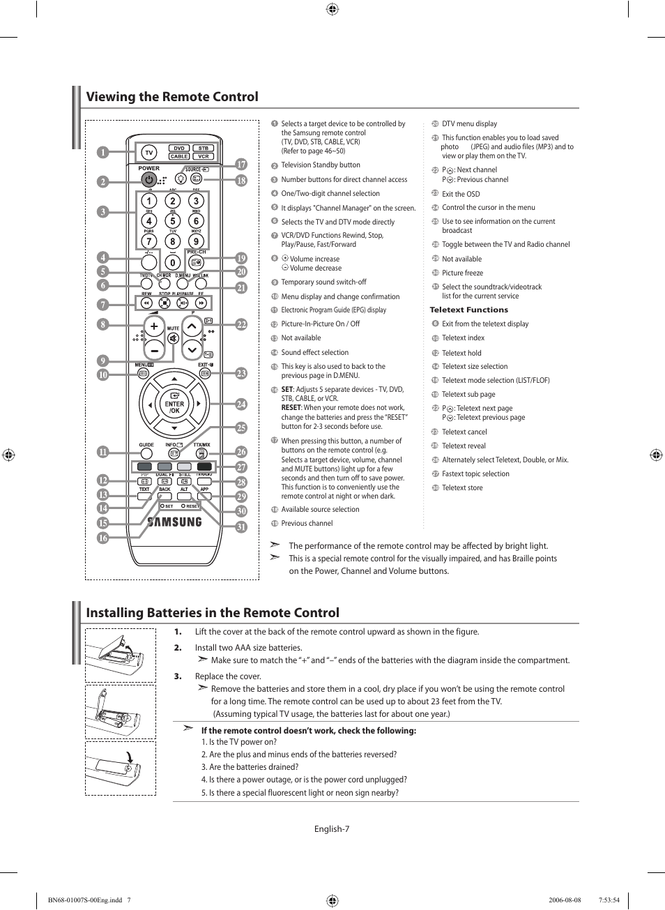 Viewing the remote control, Installing batteries in the remote control | Samsung LE32N73BD User Manual | Page 9 / 111