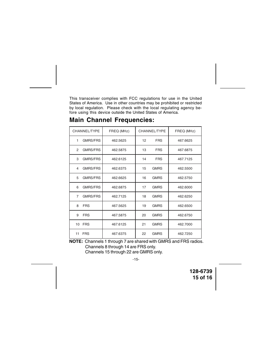 Main channel frequencies | Audiovox GMRSWP1 User Manual | Page 15 / 16