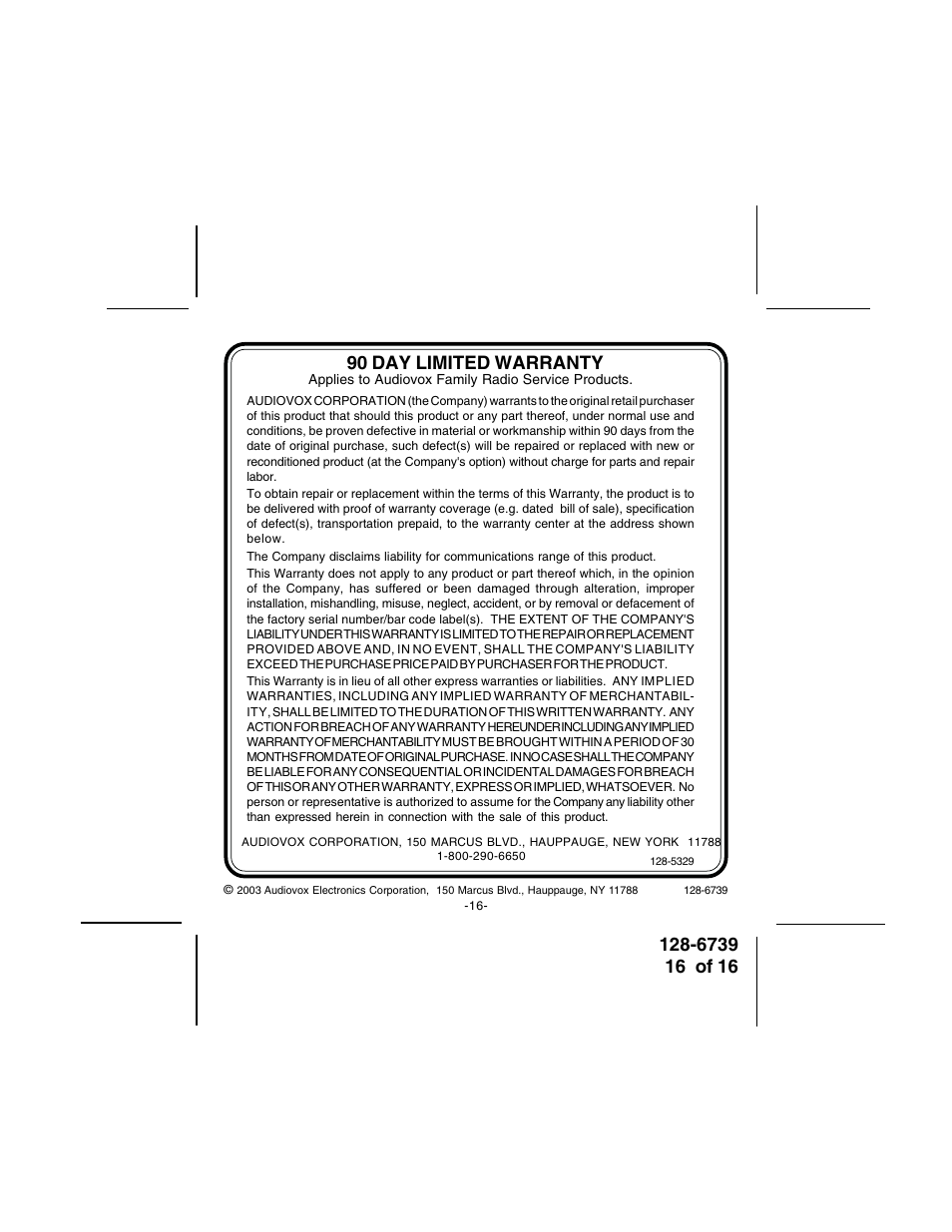 90 day limited warranty | Audiovox GMRSWP1 User Manual | Page 16 / 16