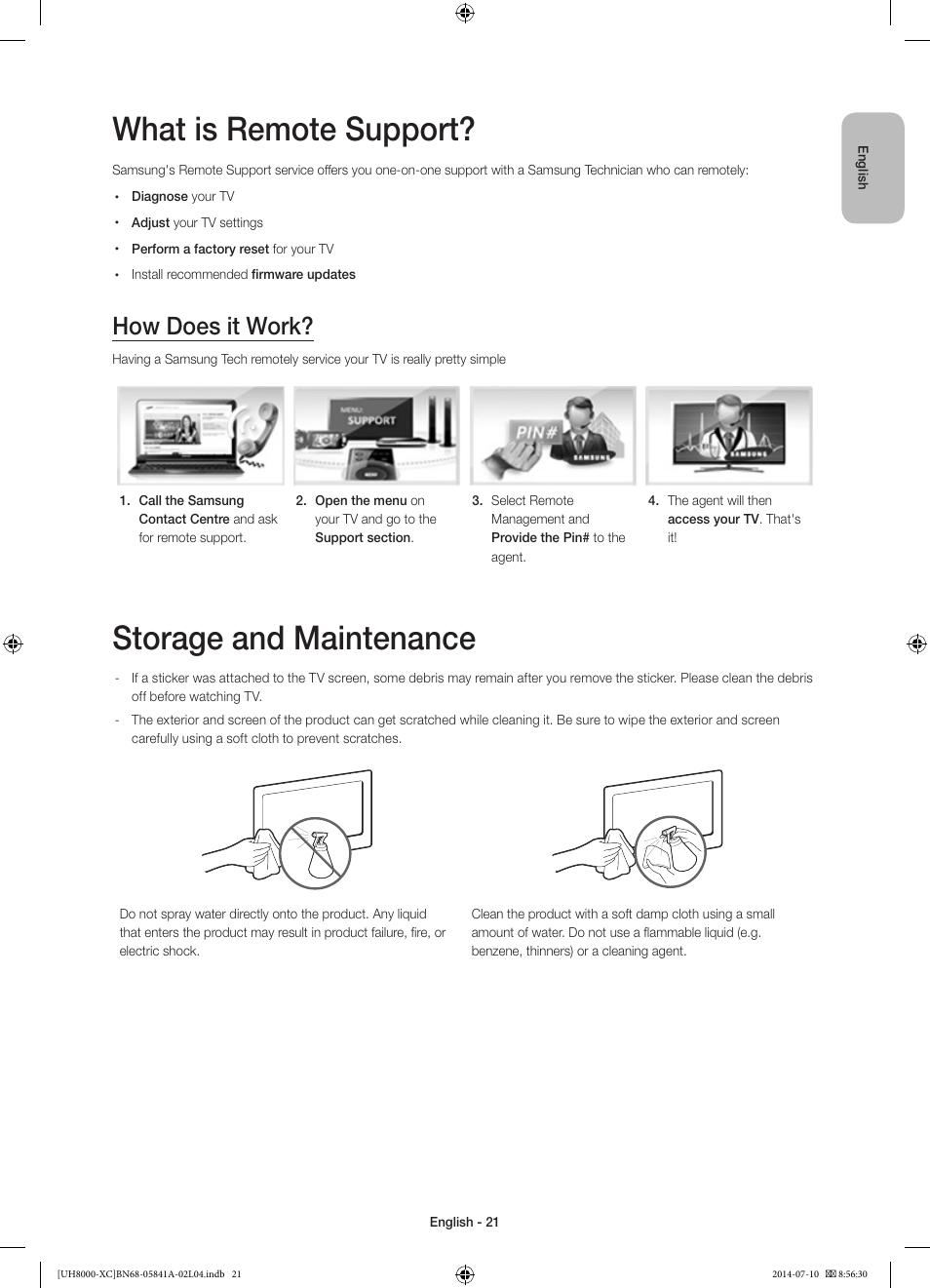 What is remote support, Storage and maintenance, How does it work | Samsung UE48H8000SL User Manual | Page 21 / 89