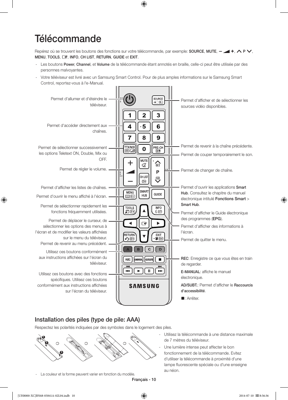 Télécommande, Installation des piles (type de pile: aaa) | Samsung UE48H8000SL User Manual | Page 32 / 89