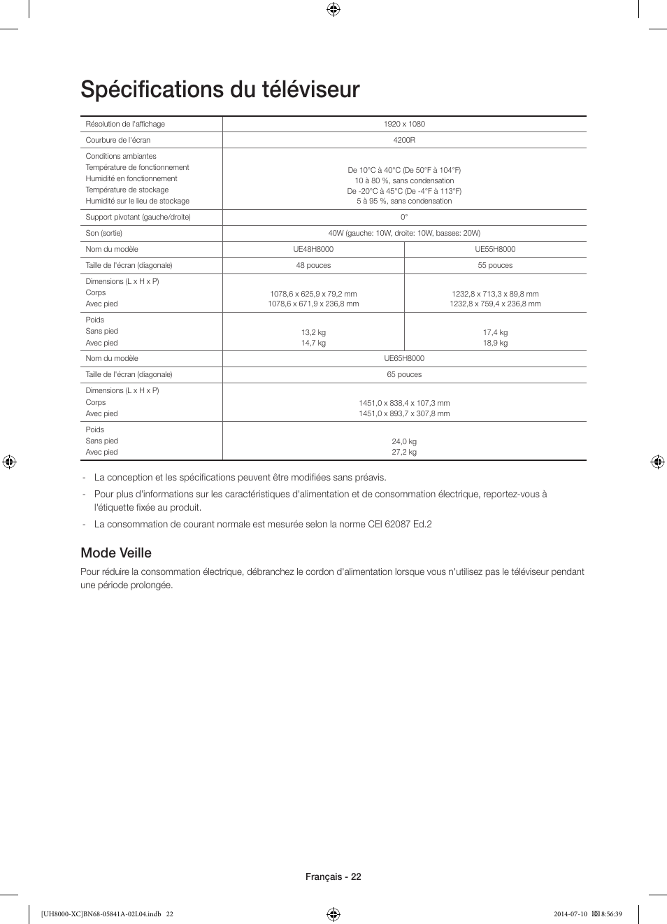 Spécifications du téléviseur, Mode veille | Samsung UE48H8000SL User Manual | Page 44 / 89