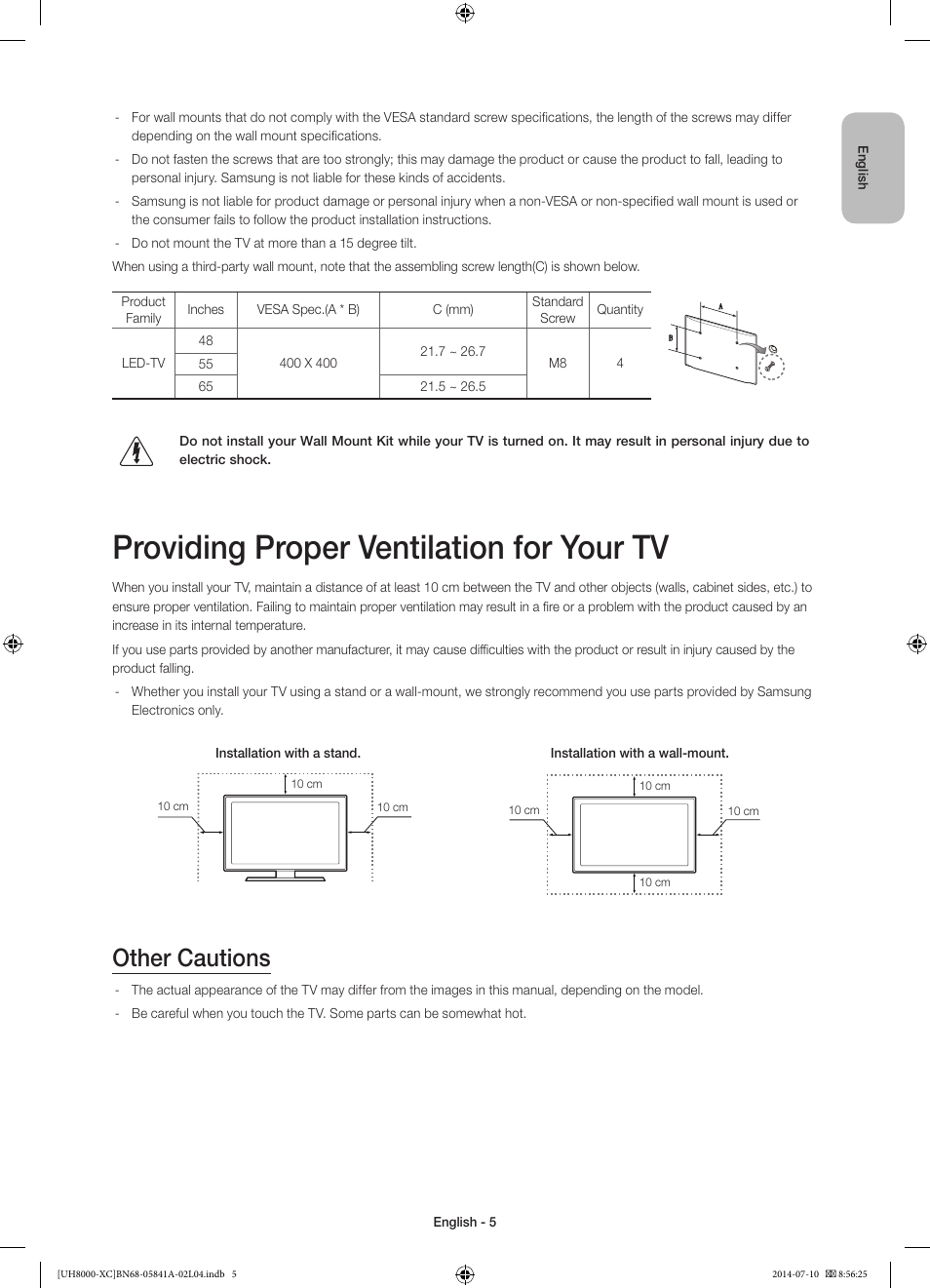 Providing proper ventilation for your tv, Other cautions | Samsung UE48H8000SL User Manual | Page 5 / 89