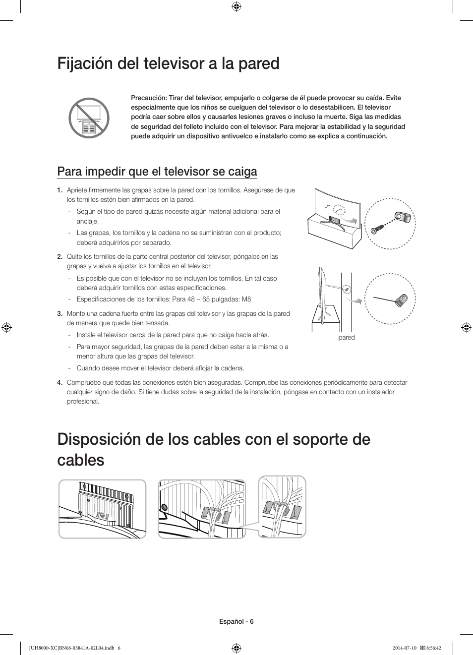Fijación del televisor a la pared, Disposición de los cables con el soporte de cables, Para impedir que el televisor se caiga | Samsung UE48H8000SL User Manual | Page 50 / 89