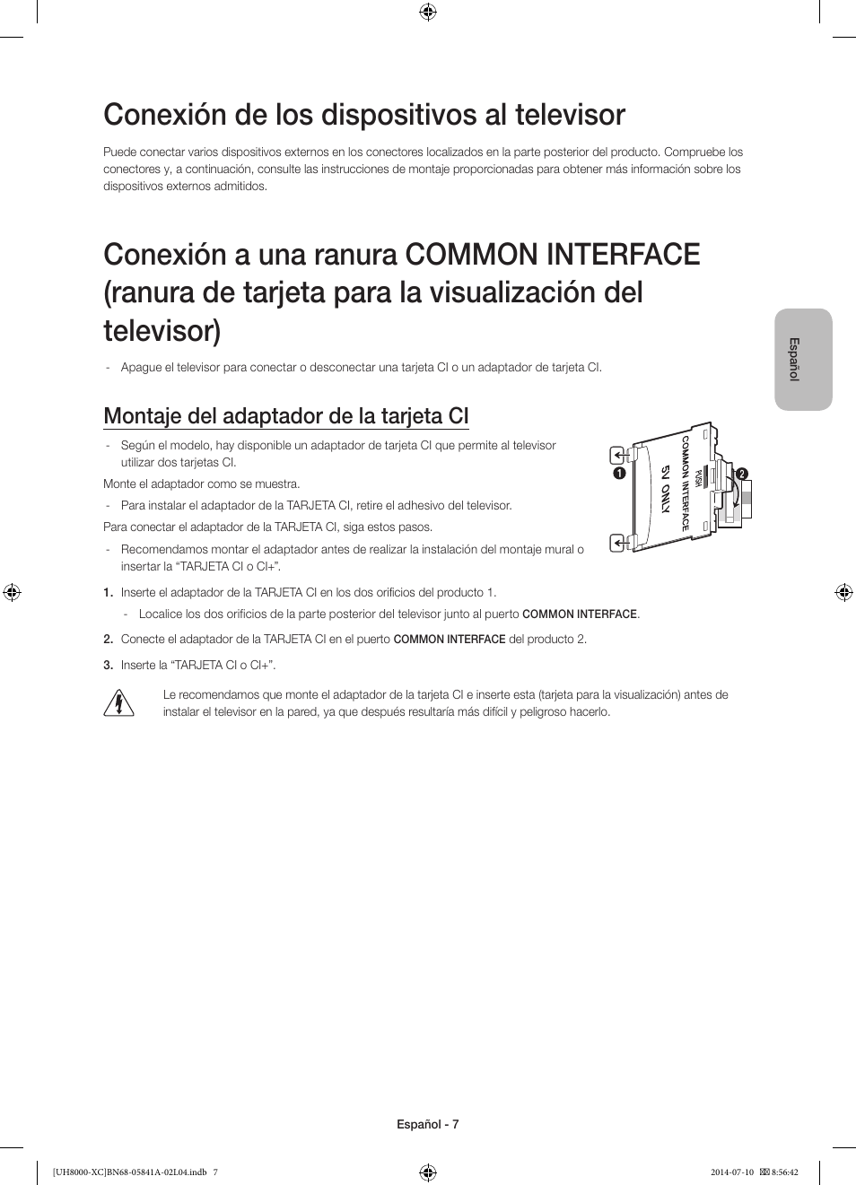Conexión de los dispositivos al televisor, Montaje del adaptador de la tarjeta ci | Samsung UE48H8000SL User Manual | Page 51 / 89