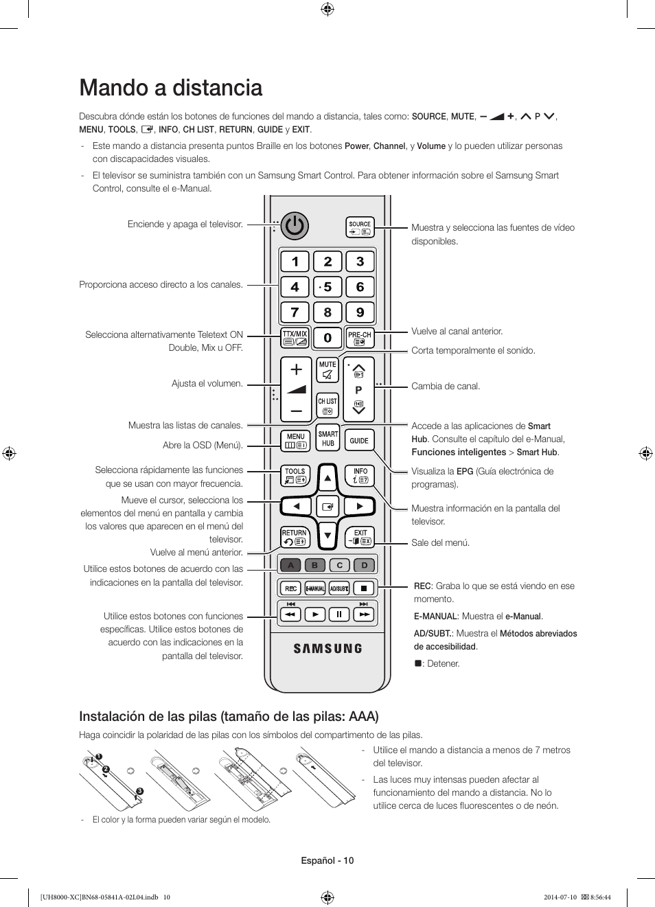 Mando a distancia | Samsung UE48H8000SL User Manual | Page 54 / 89