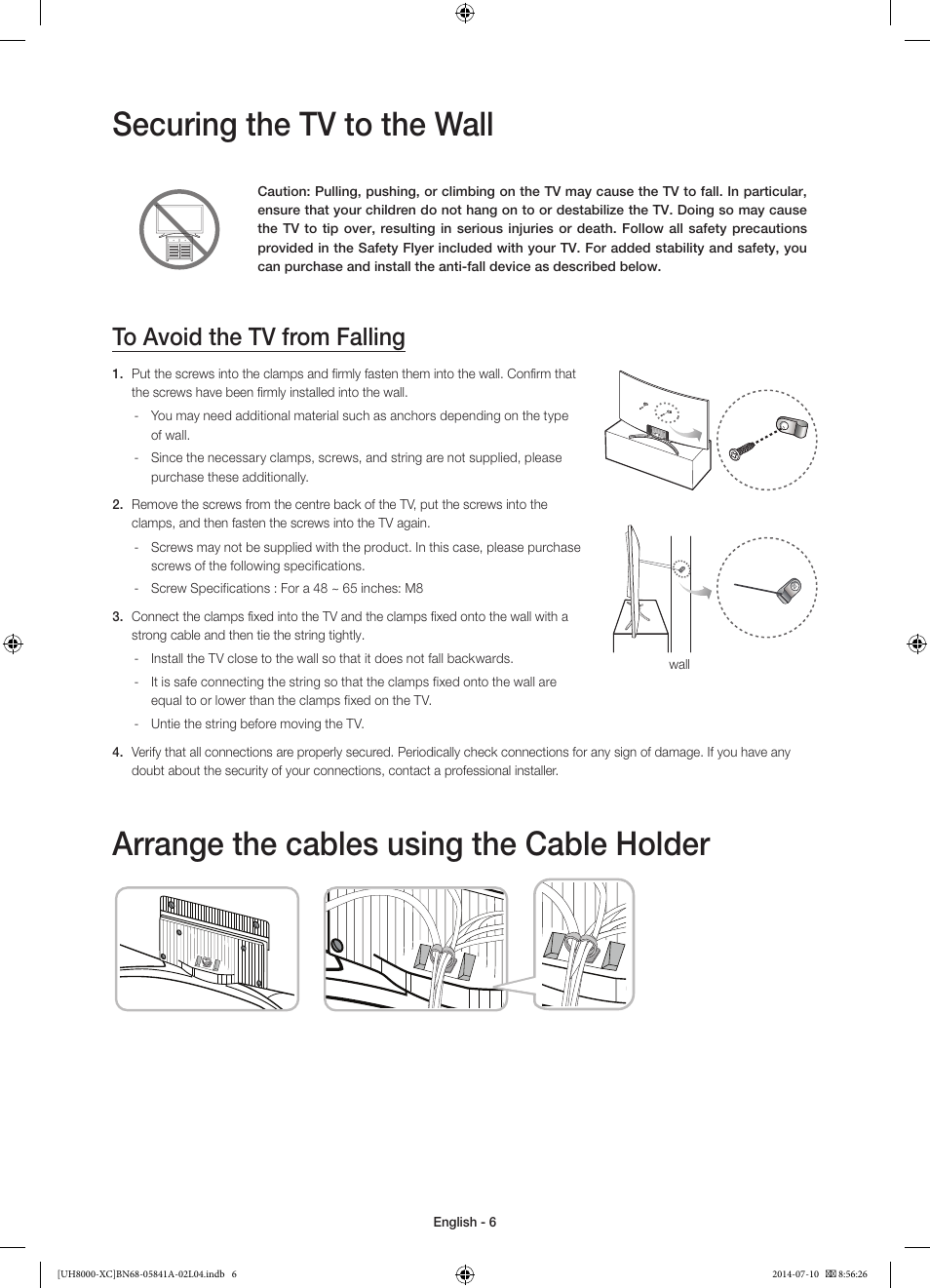 Securing the tv to the wall, Arrange the cables using the cable holder | Samsung UE48H8000SL User Manual | Page 6 / 89