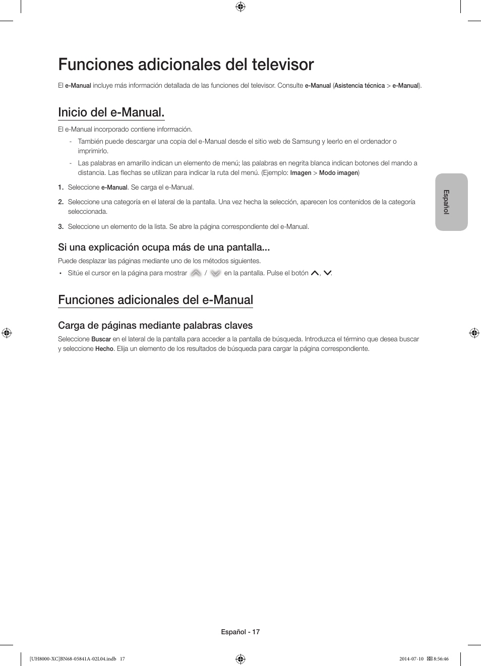 Funciones adicionales del televisor, Inicio del e-manual, Funciones adicionales del e-manual | Si una explicación ocupa más de una pantalla, Carga de páginas mediante palabras claves | Samsung UE48H8000SL User Manual | Page 61 / 89