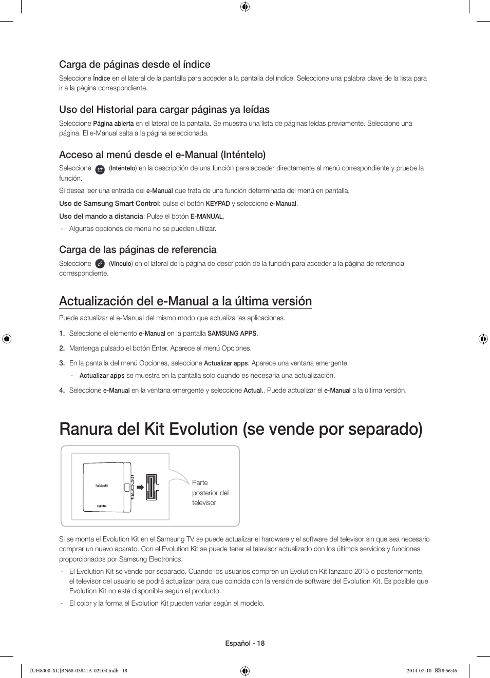 Ranura del kit evolution (se vende por separado), Actualización del e-manual a la última versión, Carga de páginas desde el índice | Uso del historial para cargar páginas ya leídas, Acceso al menú desde el e-manual (inténtelo), Carga de las páginas de referencia | Samsung UE48H8000SL User Manual | Page 62 / 89