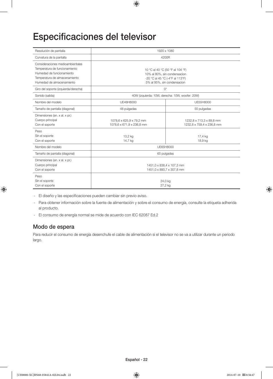 Especificaciones del televisor, Modo de espera | Samsung UE48H8000SL User Manual | Page 66 / 89