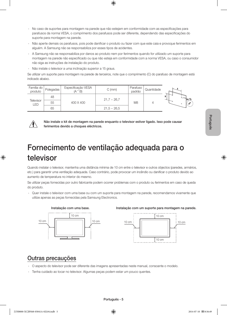 Outras precauções | Samsung UE48H8000SL User Manual | Page 71 / 89