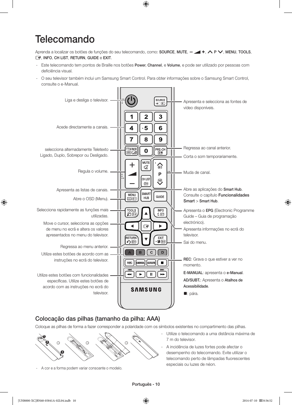 Telecomando, Colocação das pilhas (tamanho da pilha: aaa) | Samsung UE48H8000SL User Manual | Page 76 / 89