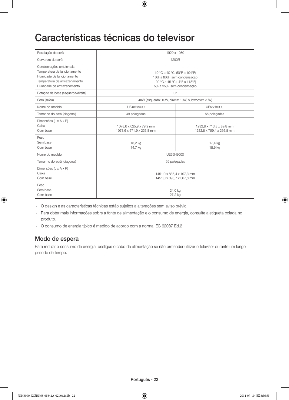Características técnicas do televisor, Modo de espera | Samsung UE48H8000SL User Manual | Page 88 / 89